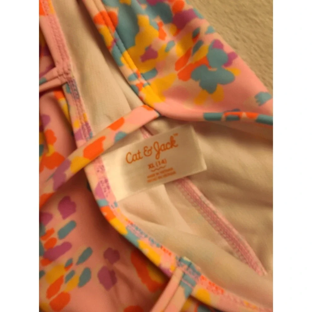 Cat & Jack Girls XL 14 Tankini Swimsuit Pink Abstract Floral Ruffle 2 Piece Set
